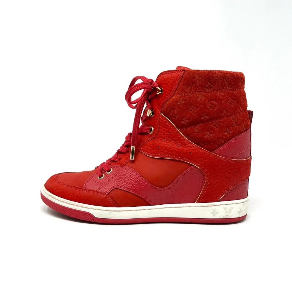 Louis Vuitton LV Logo Monogram High Top Suede Wedge Sneakers Shoes Red 37.5 7.5
